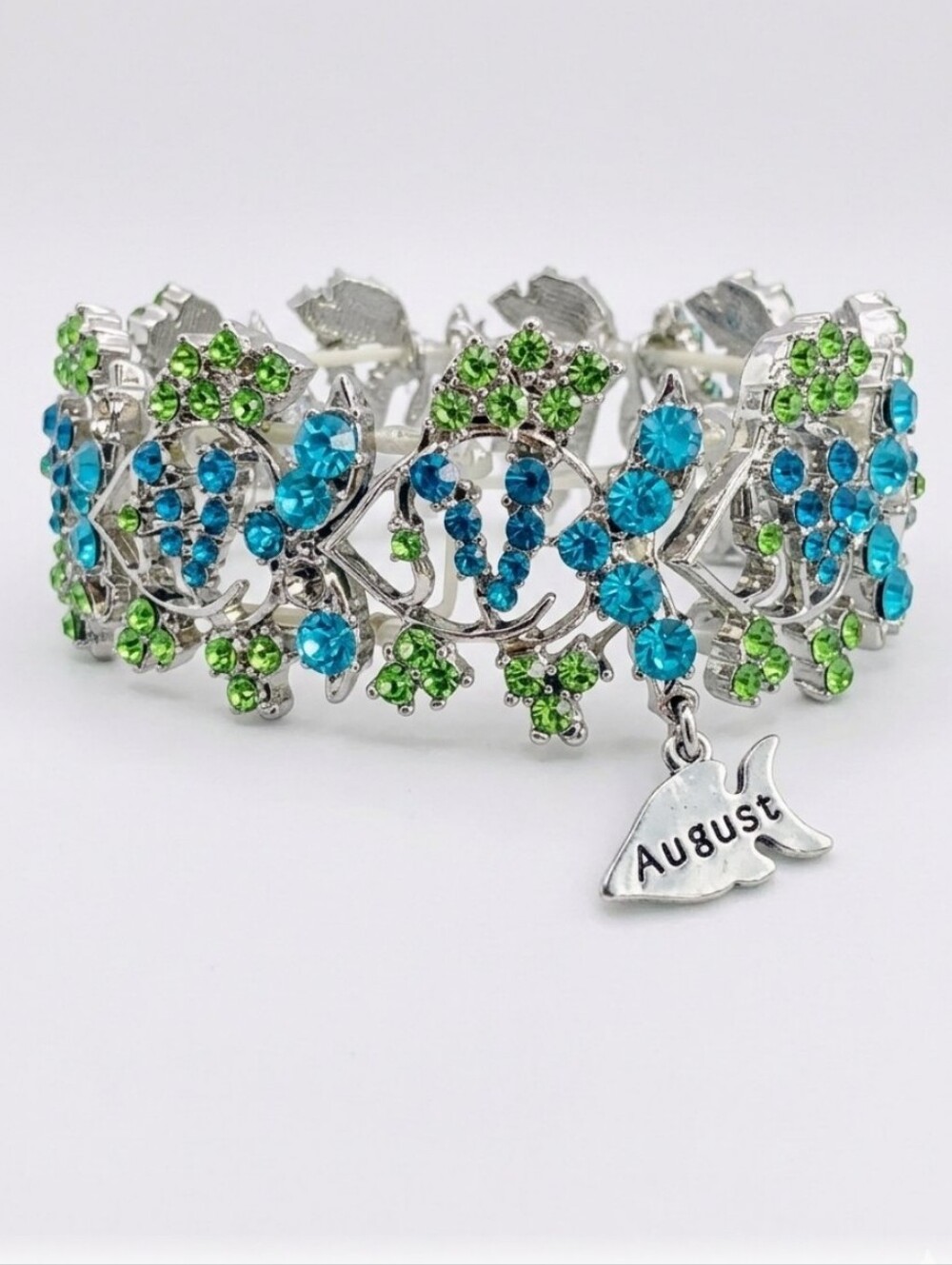 Vintage Willabee & Ward August Crystal Birthstone Stretch Bracelet Fish Charm
